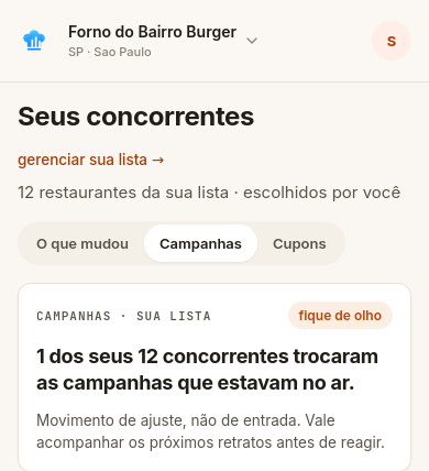 Tela Concorrentes do app, aba Campanhas: mudanças de campanha da sua lista com leitura de reação