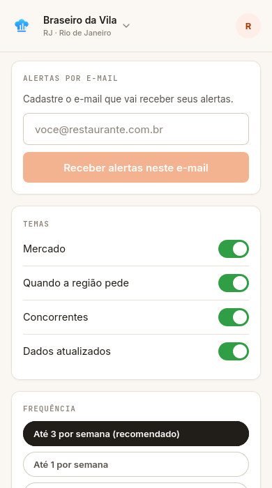 Configuração de alertas por e-mail no app: temas e frequência dos alertas